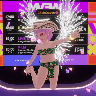 chainqueenverse's tweet image. Day 3 look by @spatialgineers  💚✨ Twinning with the lovely @BayBackner at #MVFW25  loving these matching vibes! 💖 #Metaversefashion #Web3Style @decentraland 🫶