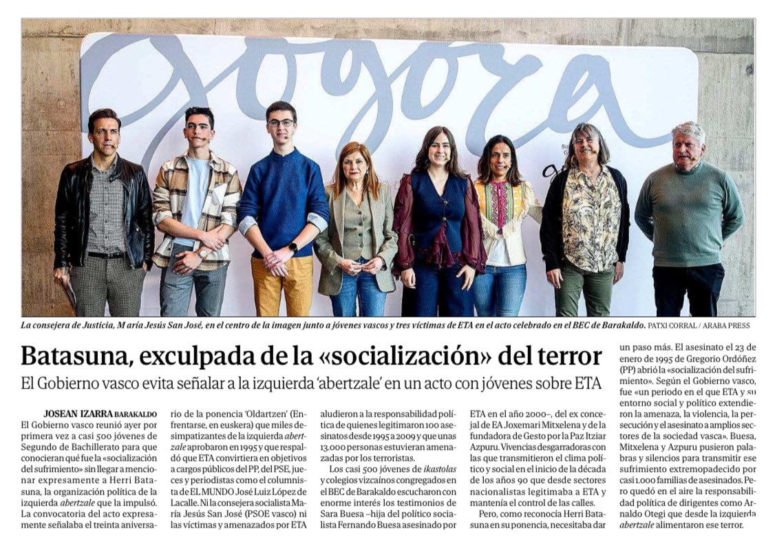 🔴CULPABLES🔴
¿Por qué no saben qué fue, qué hizo y qué es ETA? Porque PSOE y PNV han borrado el terrorismo etarra de las aulas.
¿Por qué Gogora oculta que ETA/HB “socializaron el sufrimiento”? Porque entre quienes idearon asesinar a políticos, jueces, periodistas… a cualquiera,