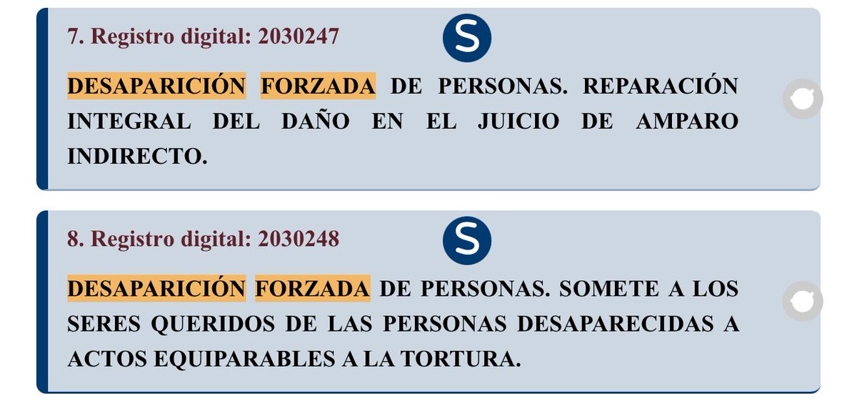 En el marco del contexto nacional sobre personas desaparecidas, hoy se publican varias tesis en el #SJF sobre #DesapariciónForzada que derivan de asuntos resueltos bajo la ponencia de la Ministra <a href="/MargRiosFarjat/">Margarita Ríos-Farjat</a>. #SCJN <a href="/SCJN/">Suprema Corte</a> Les invitamos a leerlas y Abro 🧵
