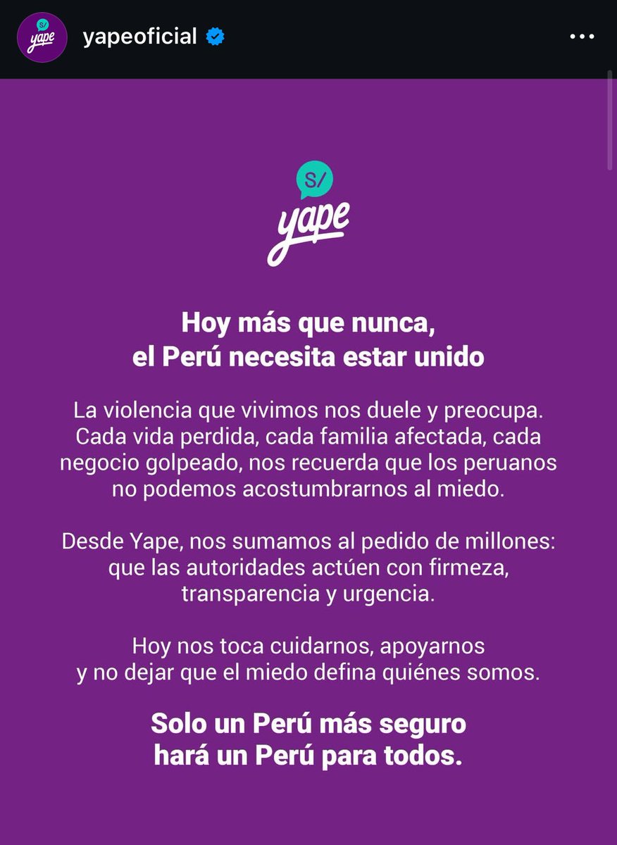 JovenesUnidosP's tweet photo. Pronunciamiento de Yape (app del Bcp) ante la inseguridad que sufre el Perú. 

“Esto no es una campaña, es un llamado. Hoy no hablamos como app, hablamos como peruanos” 

¿Y las demás empresas? 

#NoQueremosMorir #ParoDeTransportistas https://t.co/iiz4zUfI1M