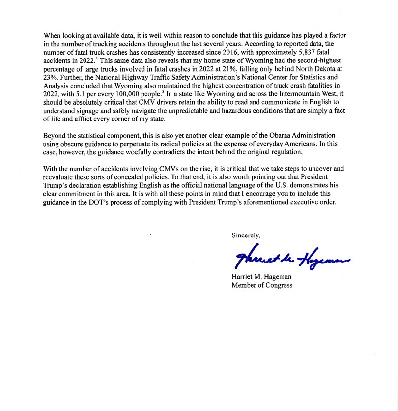 If you can’t read English, you can’t understand road signs or follow safety instructions. That puts lives at risk.

See my letter urging a return to English language standards for truck drivers.