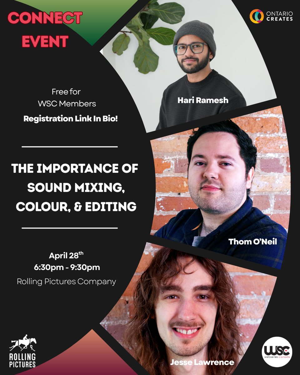 🎬 Join us Apr 28 at Rolling Pictures (6:30–9:30PM) for our first in-person Connect! 

Hear from post pros on sound, colour &amp; editing, then stick around to network. 

Free for WSC members (check your inbox), $10+HST for non-members. 

Snacks &amp; drinks provided! 🎧🎨