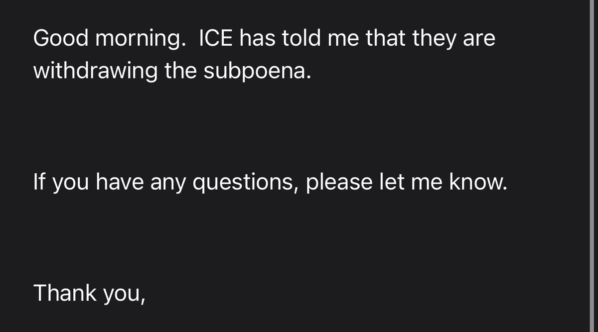 Well that’s a relief. Just to let you know how insane ICE operate. They knew they didn’t have any grounds to deport me, so they tried (after I sued Trump) to subpoena all my social media. We were preparing a motion to quash but I learnt this morning that they have decided to