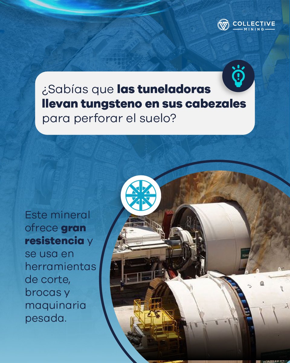Collective_Col's tweet photo. ¿Sabías que el tungsteno es esencial para la industria de la construcción? Gracias a sus propiedades de resistencia, la demanda de este mineral sigue aumentando. ¡Un ejemplo de su uso se encuentra en los cabezales de las tuneladoras! 👉🏼 El reciente descubrimiento de tungsteno en Apollo, aportará al desarrollo de la industria y a alcanzar la meta de reindustrialización del país. 🇨🇴