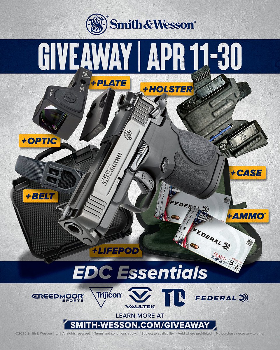 Smith_WessonInc's tweet photo. What you carry matters. 

That's why we've partnered with Tier 1 Concealed, Trijicon, Federal Premium, Vaultek Safe, and Creedmoor Sports to giveaway our new CSX E-Series with the essentials you need to make it your new EDC. 

Enter now: https://t.co/8ttUN5uZwR https://t.co/rFpqTwY0qD