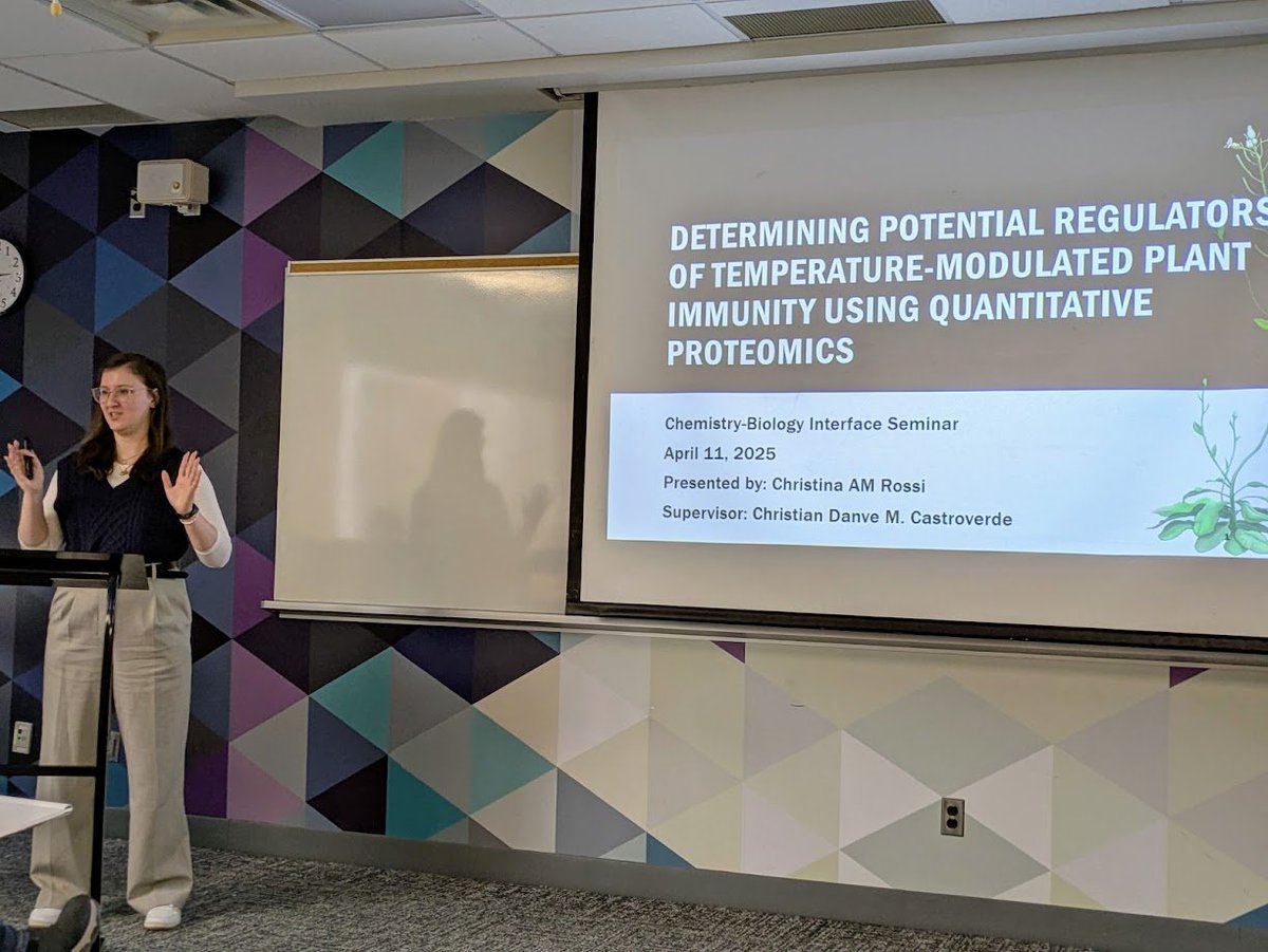 Danve Castroverde (@danvec) on Twitter photo Excellent presentation by PhD candidate <a href="/ChristinaRossi_/">Christina Rossi, MSc</a> in the Chemistry-Biology Interface (CBI) Symposium today! <a href="/LaurierBiology/">Laurier Biology 💜𓅪💛</a>
Christina shared her research on identifying and characterizing putative regulators of thermosensitive plant immunity using #proteomics. 👏🌱🧬 Excellent presentation by PhD candidate <a href="/ChristinaRossi_/">Christina Rossi, MSc</a> in the Chemistry-Biology Interface (CBI) Symposium today! <a href="/LaurierBiology/">Laurier Biology 💜𓅪💛</a>
Christina shared her research on identifying and characterizing putative regulators of thermosensitive plant immunity using #proteomics. 👏🌱🧬