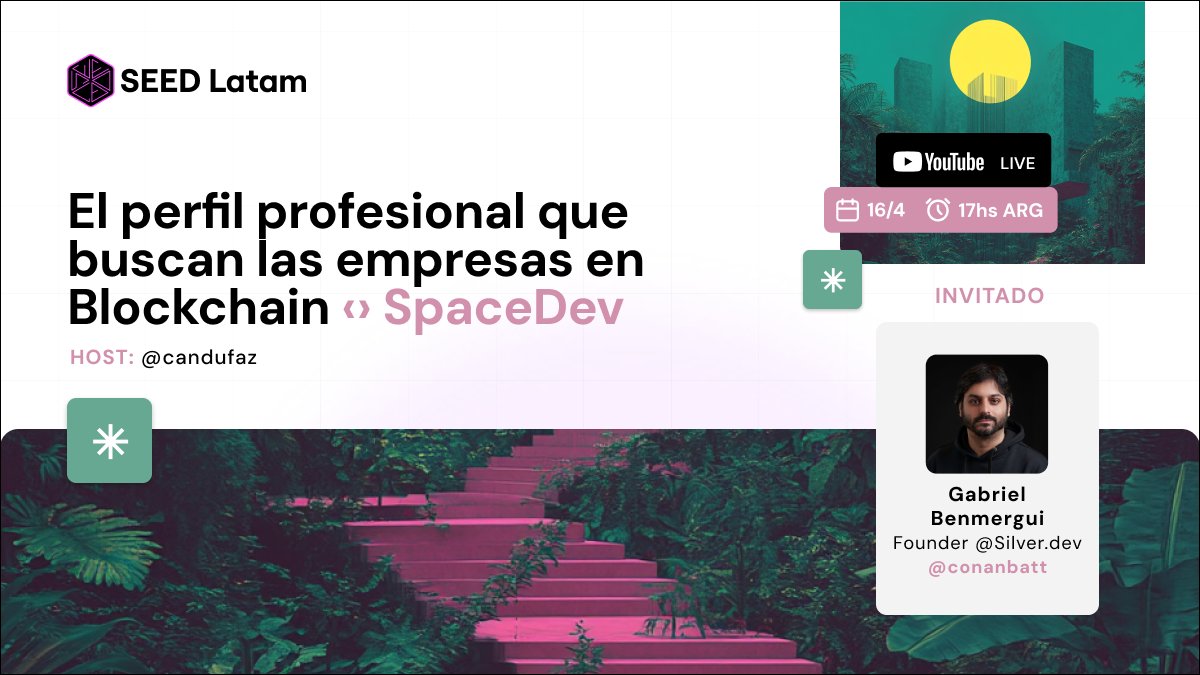 Este miércoles 16/4 a las 17 hs tenemos invitado de lujo en nuestro YT Live: <a href="/Conanbatt/">Gabriel ~ Silver.dev</a>, founder de <a href="/silverdev_ok/">Silver.dev</a> 🧑‍💻

✅ Perfiles Web3 más buscados 
✅ Evaluaciones a candidatos 
✅ Crypto como nicho 
✅ Tips para devs

Mencioná a ese amigo que lo necesita. 

¡Los esperamos! 👇