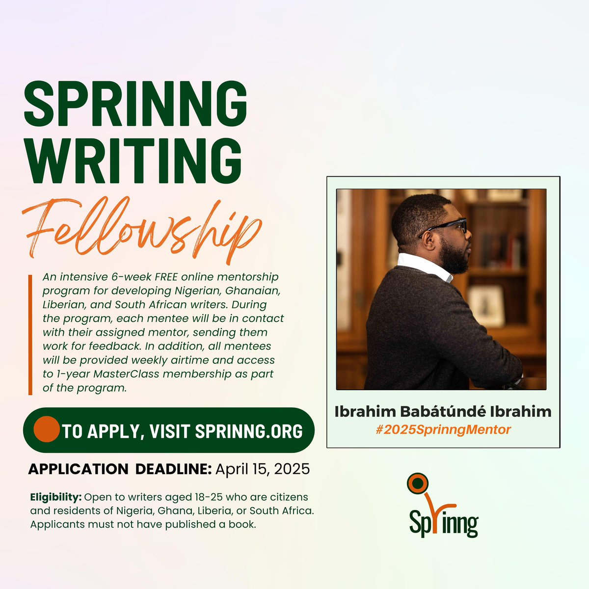 I’m thrilled to share that I’ll be mentoring at this year’s <a href="/SprinngLM/">Sprinng</a> Writing Fellowship! 🎉 Visit sprinng.org to learn more and apply by April 15, 11:59 PM WAT!

#2025SprinngMentor