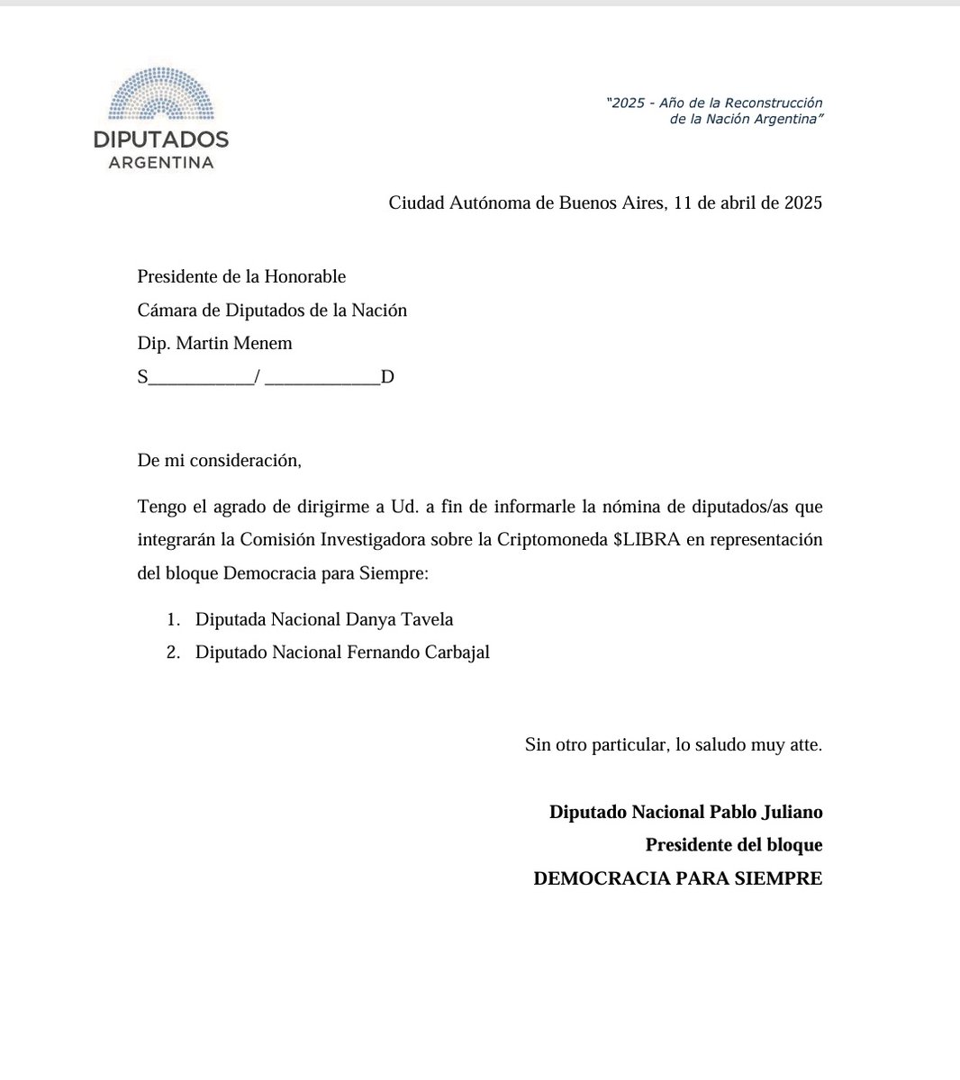 dipdemocraciaps's tweet photo. El martes logramos aprobar en Diputados la creación de una comisión investigadora del $Libra-gate. 

Los diputados @danyatavela77 y @FCarbajal2021 serán los representantes del Bloque Democracia para Siempre, autor de la iniciativa. La verdad debe conocerse. https://t.co/0uqTBsj2Cy