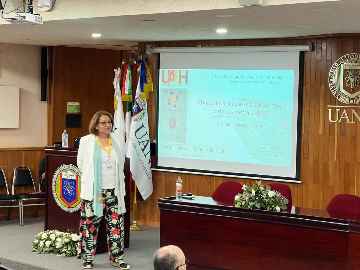 EQInorganica's tweet image. Agradecimientos a la Dra. Gloria Sánchez Cabrera, de la Universidad Autónoma del Estado de Hidalgo, quien impartió su interesante conferencia en el #EQI2025: "El viaje de la síntesis a la aplicación de carbenos metálicos NHC" #carbene #silver #gold #OrganometalllicChemistry