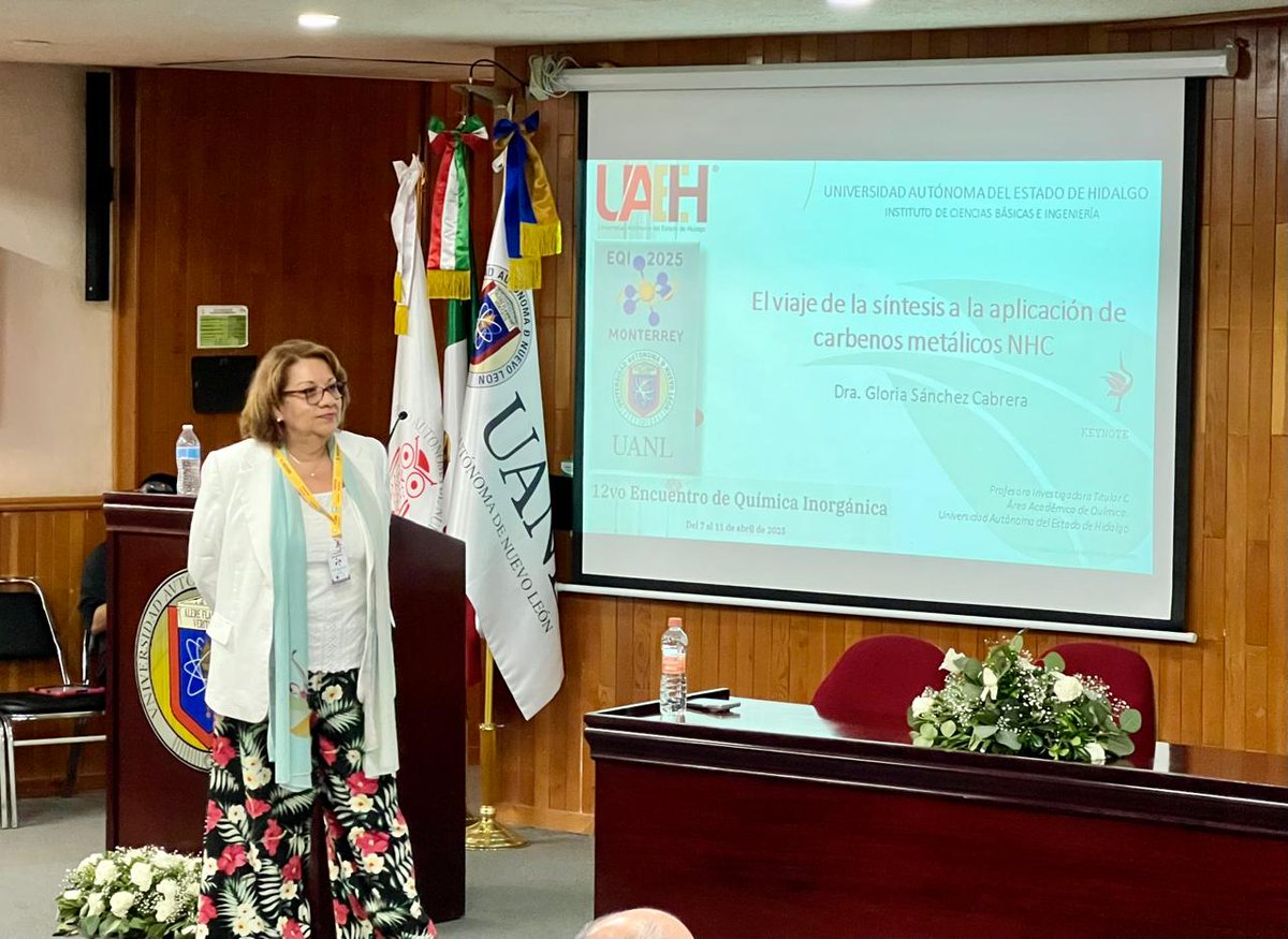 EQInorganica's tweet image. Agradecimientos a la Dra. Gloria Sánchez Cabrera, de la Universidad Autónoma del Estado de Hidalgo, quien impartió su interesante conferencia en el #EQI2025: "El viaje de la síntesis a la aplicación de carbenos metálicos NHC" #carbene #silver #gold #OrganometalllicChemistry