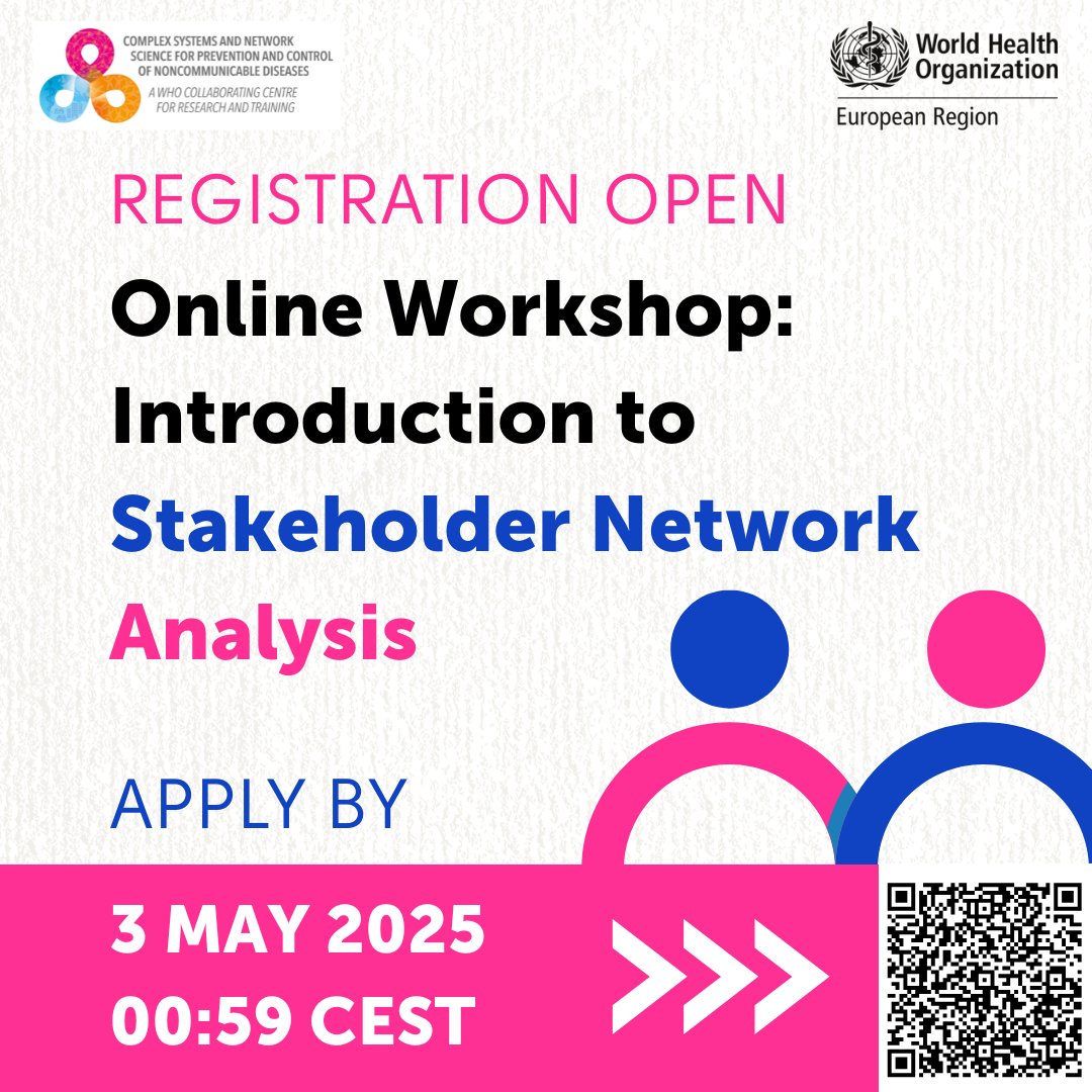 WHO/Europe (@who_europe) on Twitter photo 🌍 Working in NCD prevention or public health?
Apply by 3 May to join WHO/Europe & the WHO Collaborating Center at <a href="/QUBelfast/">Queen's University Belfast 🎓</a> for a 2-part online workshop on Stakeholder Network Analysis.
📅 6 and 13 May | 💻 Zoom
Register here: bit.ly/3RfwRRw 🌍 Working in NCD prevention or public health?
Apply by 3 May to join WHO/Europe & the WHO Collaborating Center at <a href="/QUBelfast/">Queen's University Belfast 🎓</a> for a 2-part online workshop on Stakeholder Network Analysis.
📅 6 and 13 May | 💻 Zoom
Register here: bit.ly/3RfwRRw