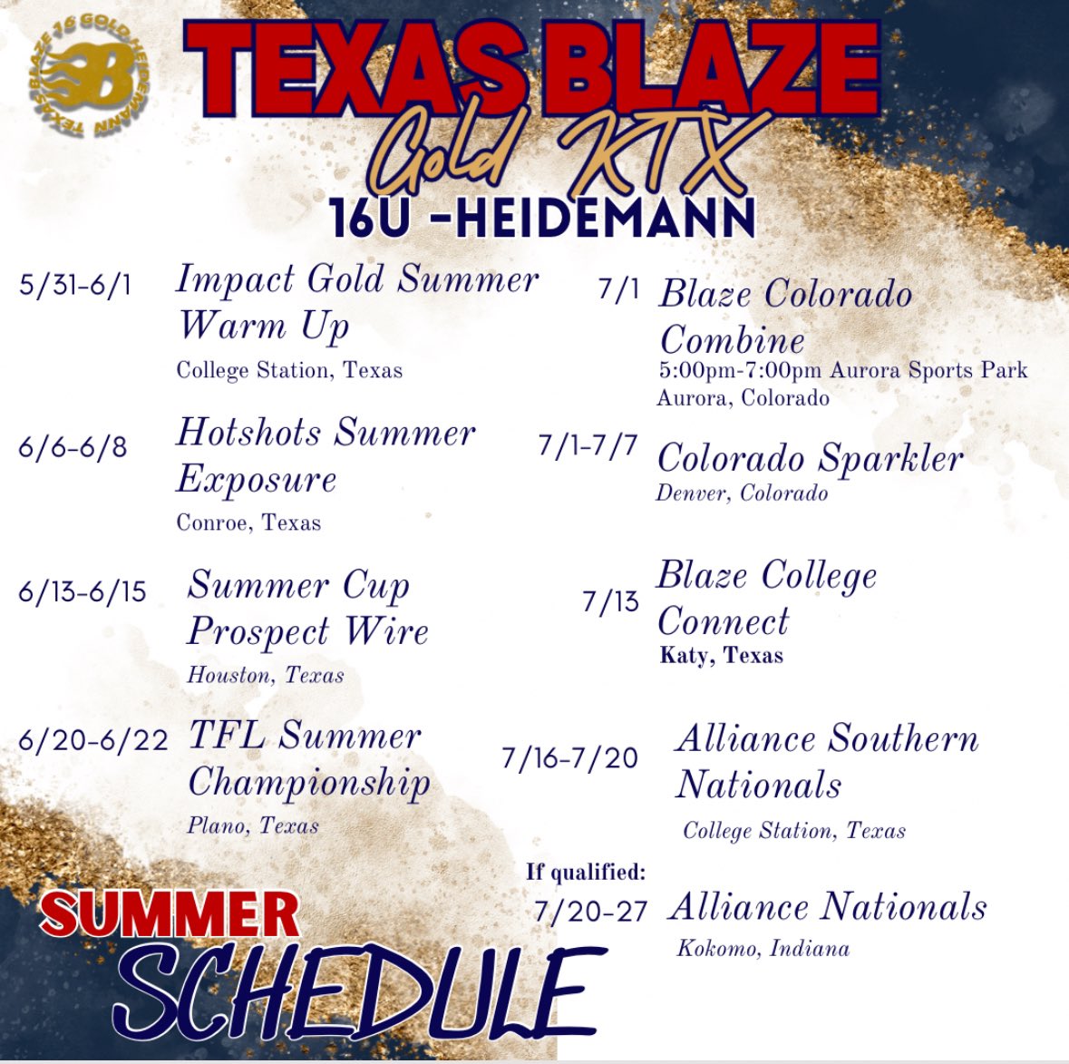 Emma29Short's tweet photo. Updated Schedule!!

@BlazeKTXGold16U @mkmojica @Leah_Guest_ https://t.co/BQfI1bDoLo