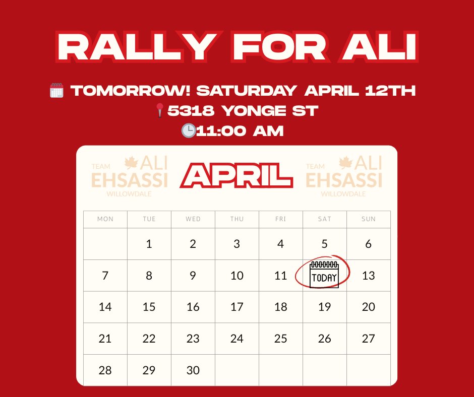 AliEhsassi's tweet photo. 🚨 It’s almost time! Our big #RallyForAli is TOMORROW! 🎉
Join us Sat, April 12 @ 11AM — 5318 Yonge St.
✅ Inspiring words from Ali
✅ Refreshments
✅ A BIG canvass to keep Willowdale Liberal! 🍁
Let’s finish strong! 💪
#Willowdale #LiberalParty https://t.co/ZLr4vyn9tE