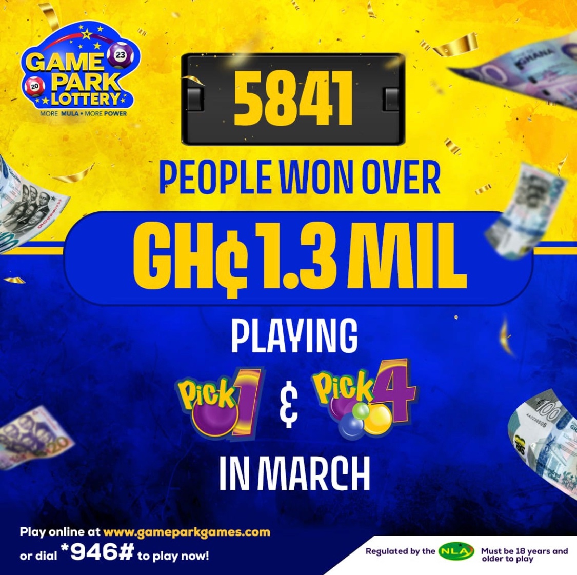GamePark_GH's tweet photo. BIG NEWS!!!
The winning streak continues!!
5841 players won over GHS 1.3 MILLION in March!!
What are you waiting for?
Dial *946# to play Pick 1 & Pick 4 and join the ranks of our lucky winners!
#Pick 1 #Pick4 #CoolChop #MoreMula #MorePower https://t.co/NCY6XnMSZi