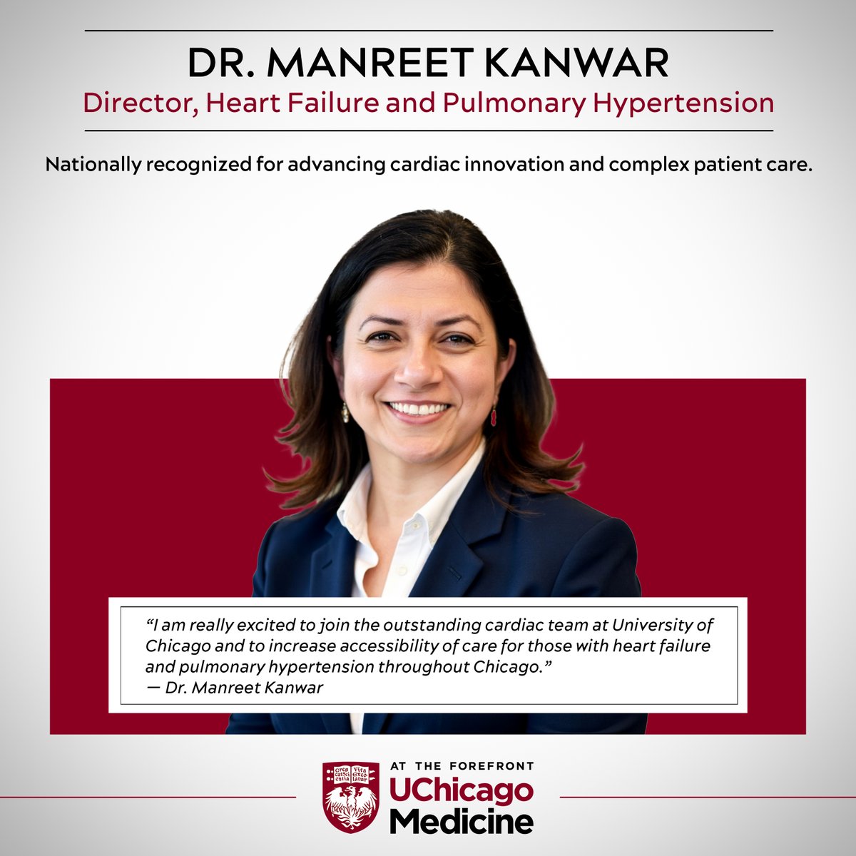 UChicagoCardio (@uchicagocardio) on Twitter photo Big news at <a href="/UChicagoMed/">UChicago Medicine</a>!
Please join us in welcoming Dr. Manreet Kanwar (<a href="/manreetkanwar/">Manreet Kanwar</a>) as our new Director of Heart Failure and Pulmonary Hypertension.
A nationally recognized leader in advanced heart failure, mechanical circulatory support, and transplant care, Dr. Kanwar Big news at <a href="/UChicagoMed/">UChicago Medicine</a>!
Please join us in welcoming Dr. Manreet Kanwar (<a href="/manreetkanwar/">Manreet Kanwar</a>) as our new Director of Heart Failure and Pulmonary Hypertension.
A nationally recognized leader in advanced heart failure, mechanical circulatory support, and transplant care, Dr. Kanwar