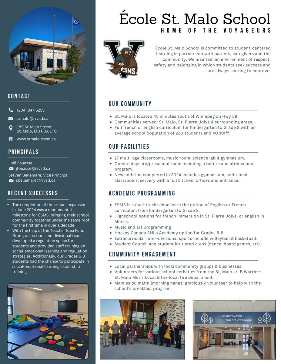 Welcome to RRVSD: School Spotlight

Bienvenue to the Home of the Voyageurs! 
This dual-track K-8 with community, culture &amp; connection. New expansion, vibrant programming and breakfast served with love!