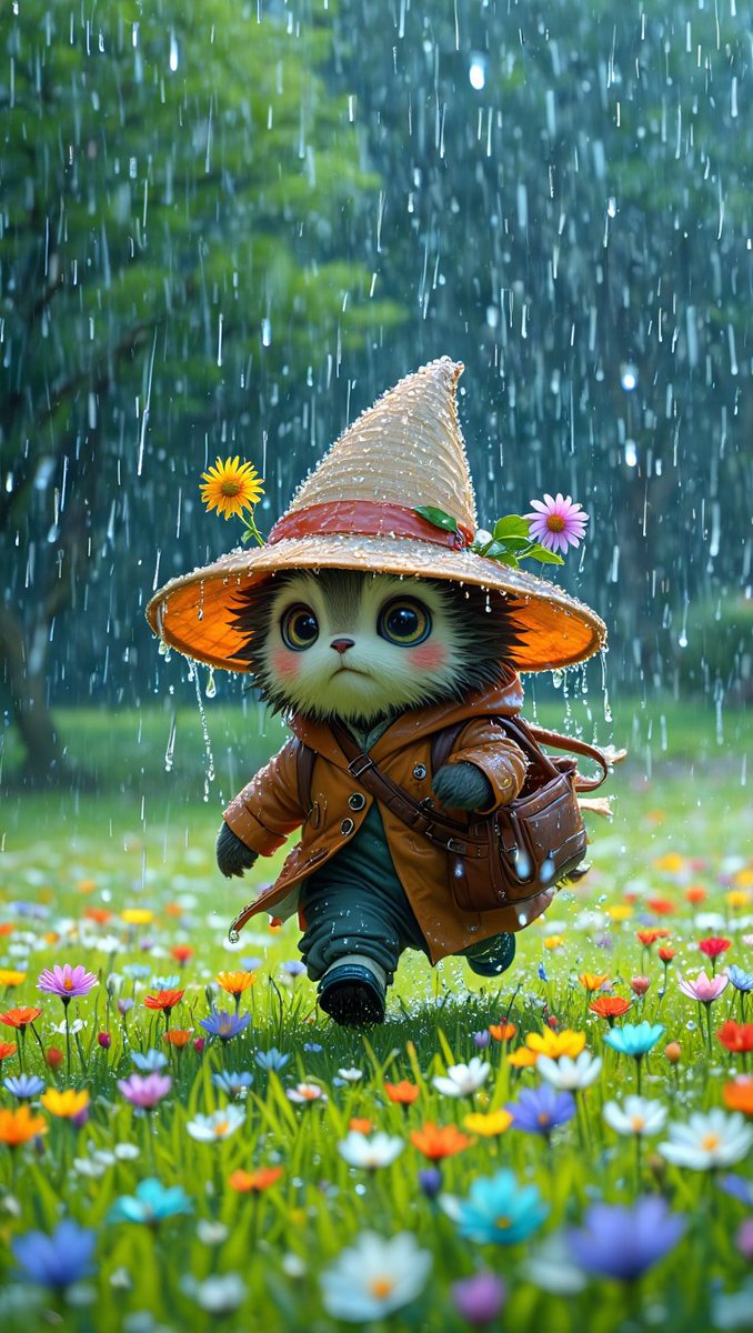 a5roseb's tweet photo. Braving the raindrops with wide eyes and a curious heart, this little adventurer trots through a meadow of colors. With a raindrop-speckled hat and a satchel full of dreams, not even the storm can stop the journey.
#CuteAdventures #RainyDayMagic #WhimsicalWorld #TinyExplorer #FantasyCritter #FlowerMeadow #StorybookVibes #CozyRain #WhimsyInNature #AdorableArt