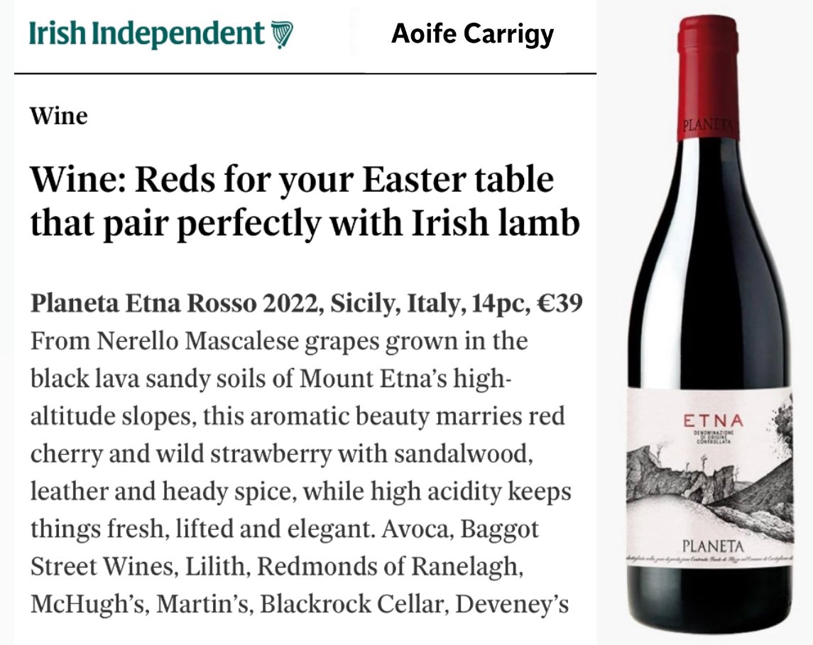 Solera Wine (@solera_wine) on Twitter photo Lovely to see <a href="/PlanetaWinery/">Planeta Winery</a>
Etna Rosso featured <a href="/Independent_ie/">Irish Independent</a> this weekend. Big thanks to <a href="/AoifeCarrigy_/">Aoife Carrigy</a> for the mention 👍
A beautiful red for the Easter table — light, spicy and volcanic 💣 Lovely to see <a href="/PlanetaWinery/">Planeta Winery</a>
Etna Rosso featured <a href="/Independent_ie/">Irish Independent</a> this weekend. Big thanks to <a href="/AoifeCarrigy_/">Aoife Carrigy</a> for the mention 👍
A beautiful red for the Easter table — light, spicy and volcanic 💣