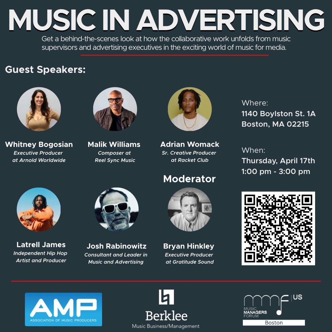 Join The Berklee Music Business Department, AMP, and MMF-US Boston Thursday, April 17th for a behind-the-scenes look at how the collaborative work unfolds from music supervisors and advertising executives in the exciting world of music for media!

#MMFUS
