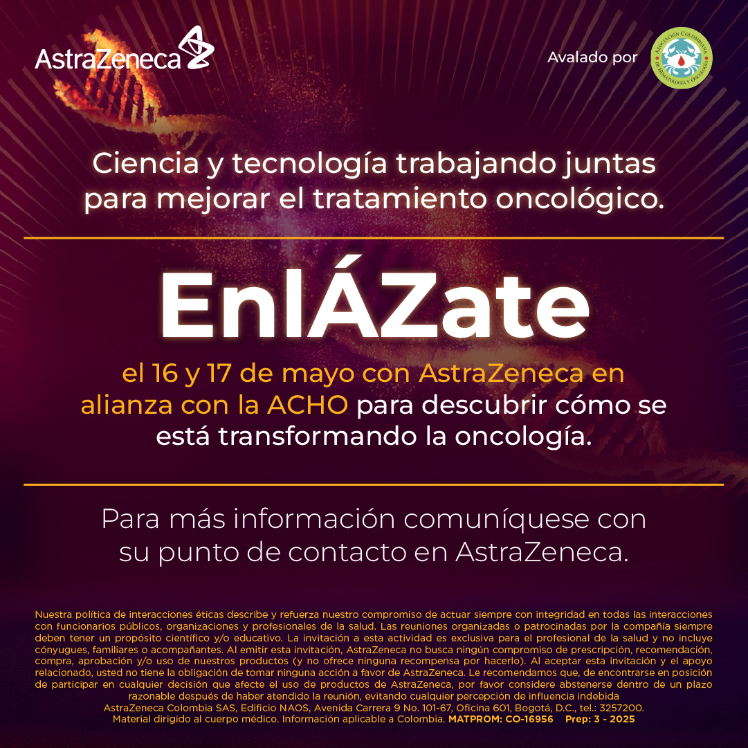 Ciencia y tecnología trabajando juntas para mejorar el tratamiento oncológico. EnlÁZate el 16 y 17 de mayo con La ACHO y AstraZeneca para descubrir cómo se está transformando la oncología. Para más información, comuníquese con su punto de contacto en AstraZeneca.