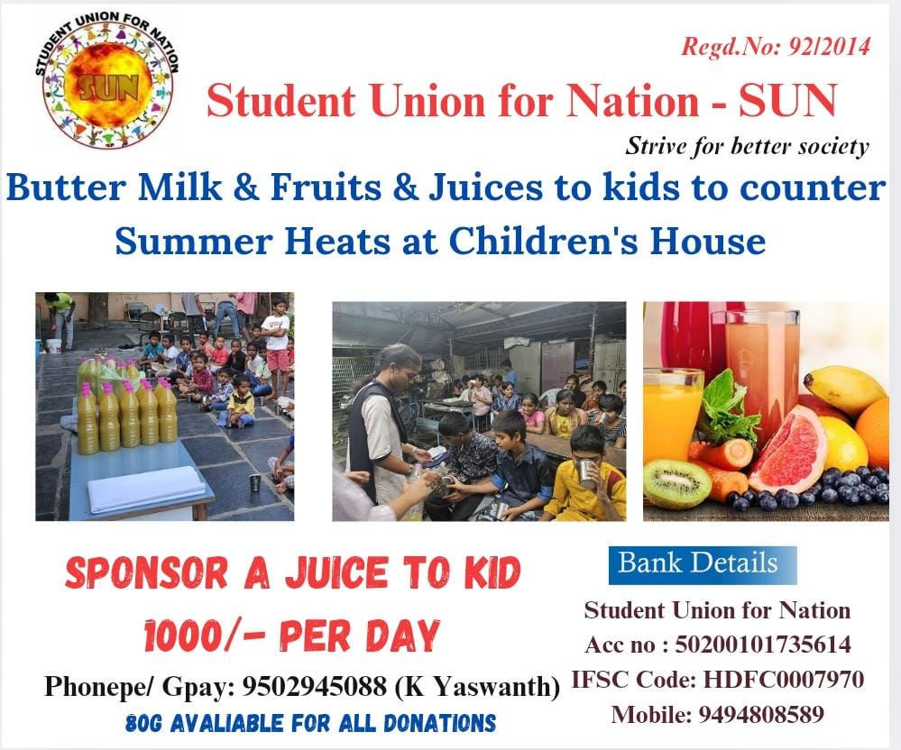 SUN_Student_'s tweet photo. ponsor a Butter 🥛/Fruits 🍉/ Fruit juice 🥝 🥤 to kids to counter Summer 🌞 Heat

SUN is planning to provide coolers (fruits/juices/ buttermilk) to kids at children's homes to counter this summer heat.

Requesting you to support this initiative (1000/- per day) . https://t.co/Z7xRlKgSTL