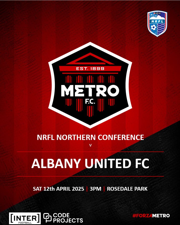 Metro Football Club (@metrofc1899) on Twitter photo GAME DAY | Its here, game day! Today at 3pm we are at Rosedale Park as we take on an in form Albany United in Round 3 of the <a href="/LOTTONRFL/">LOTTO NRFL</a> Northern Conference.
Get along cheer on the team!
#ForzaMetro ⚽️🔴⚫️ GAME DAY | Its here, game day! Today at 3pm we are at Rosedale Park as we take on an in form Albany United in Round 3 of the <a href="/LOTTONRFL/">LOTTO NRFL</a> Northern Conference.
Get along cheer on the team!
#ForzaMetro ⚽️🔴⚫️