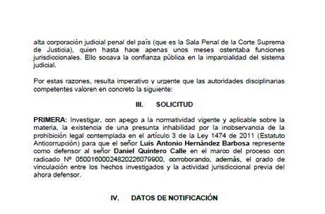 Tyche78Tyche's tweet photo. 🍿🍿 He radicado queja disciplinaria ante la Comisión Seccional de Disciplina Judicial de Antioquia, en contra del abogado Luis Antonio Hernández Barbosa, , apoderado judicial del señor Daniel Quintero Calle en el proceso penal tramitado por el caso de aguas vivas.
Toda vez que no puede abstraerse de su trayectoria reciente como Magistrado de la Sala Penal de la Corte Suprema de Justicia, cargo en el que se desempeñó hasta el año 2024 (e incluso en el que fungió como Presidente de la corporación). Por este motivo, al parecer transgredió lo establecido en el artículo 3 de la Ley 1474 de 2011 (Estatuto Anticorrupción), según el cual está prohibido que un ex servidor público gestione intereses privados al prestar “servicios de asistencia, representación o asesoría a quienes estuvieron sujetos a la inspección, vigilancia, control o regulación de la entidad, corporación u organismos al que se haya estado vinculado”.
Durante el período de ejercicio de Daniel Quintero Calle como alcalde, la Sala de Instrucción de la Corte Suprema de Justicia (órgano al que pertenecía el abogado defensor hasta 2024) le abrió una investigación al senador del Pacto Histórico Alex Xavier Flórez Hernández por los supuestos delitos de lavado de activos, concusión y falsedad en documento privado, ante “la presunta exigencia de dinero, directa e indirectamente, a algunos contratistas estatales en Medellín con el propósito de financiar su campaña política para el congreso de la República en 2022”. Estos hechos, al parecer ocurrieron cuando el señor Alex Flórez era Concejal de Medellín y militaba en el Movimiento Independientes, liderado por Daniel Quintero Calle. Además, estos hechos se dieron, según el registro público, cuando este último fungía como Alcalde de la ciudad de la que aquél era Concejal, por presunta corrupción cometida con recursos de la Alcaldía de Medellín.
Por tal razón, señor Hernández Barbosa asumió la defensa jurídica de una persona que estuvo al parecer relacionada con unos hechos que fueron objeto del control jurisdiccional por parte de la Corte Suprema de Justicia durante su periodo como magistrado.😎Entre otros motivos