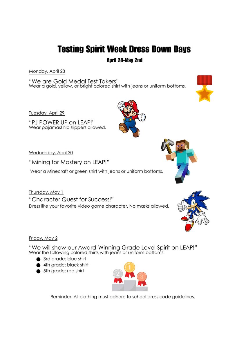LEAP Testing Spirit Week begins on Monday, April 28th⭐️