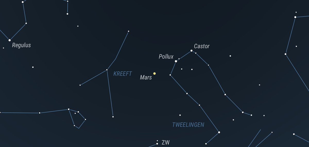 11 april 2025:
De rode planeet Mars staat vanavond precies op één lijn met de sterren Castor en Pollux in het sterrenbeeld Tweelingen. Kijk vanaf 22.00 uur, hoog in het zuidwesten.
(kaartje: <a href="/waddensky_nl/">Koen van den Driesche (Waddensky)</a>)
