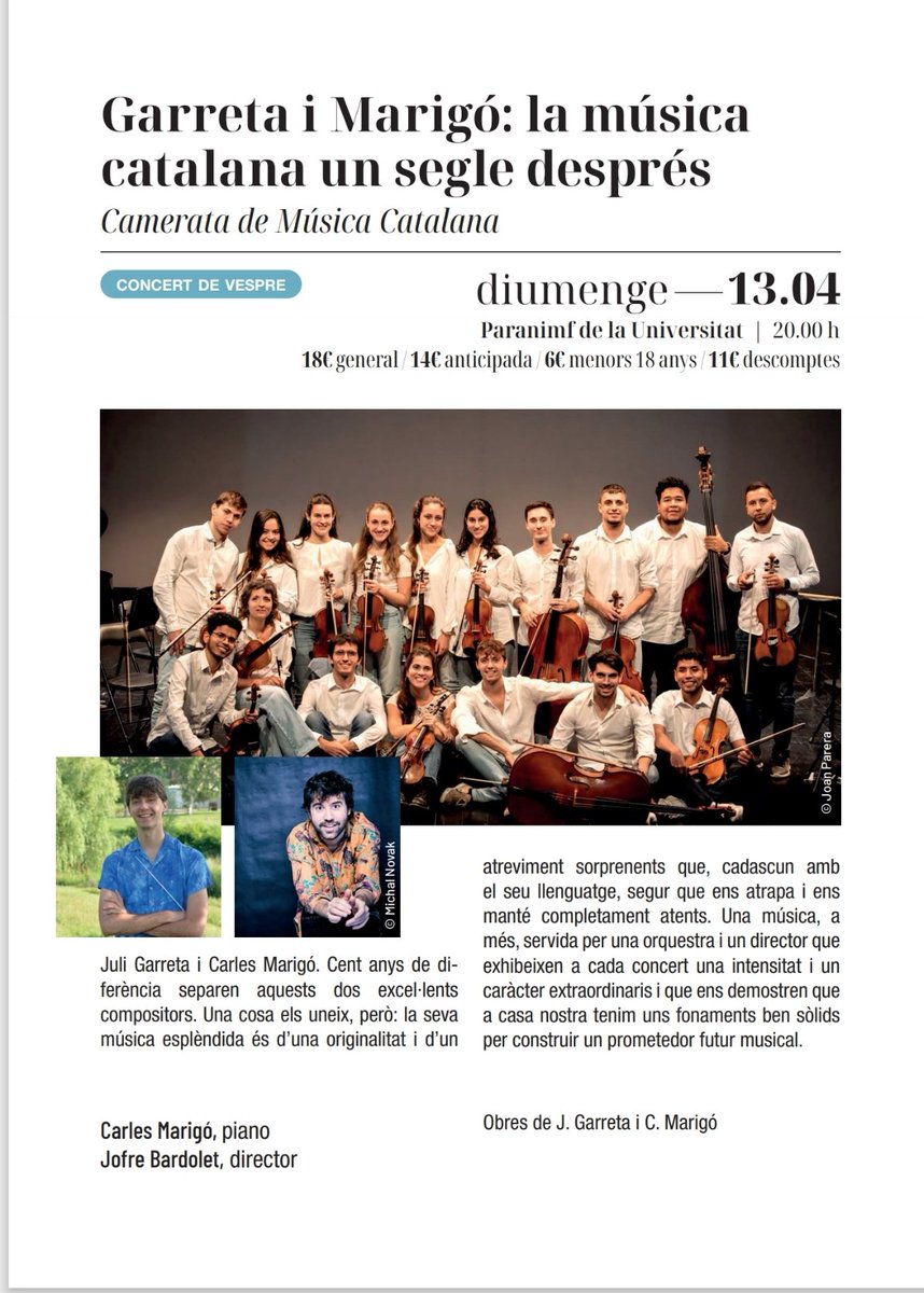 Jordi Armengol (@_jordiarmengol) on Twitter photo Aquest cap de setmana serà intens a Cervera! Comença el <a href="/Festival_Pasqua/">Festival de Pasqua</a>!
➡️ Dissabte
-17:30h conferència de Jordi Lara sobre Juli Garreta
-20:00h Concert inaugural amb <a href="/VEUScorinfantil/">VEUS - Cor Infantil Amics de la Unió</a>
➡️ Diumenge
-20:00h <a href="/Camerata_CMC/">Camerata de Música Catalana</a> amb <a href="/CarlesMarigo/">Carles Marigó</a>
No hi falteu! Aquest cap de setmana serà intens a Cervera! Comença el <a href="/Festival_Pasqua/">Festival de Pasqua</a>!
➡️ Dissabte
-17:30h conferència de Jordi Lara sobre Juli Garreta
-20:00h Concert inaugural amb <a href="/VEUScorinfantil/">VEUS - Cor Infantil Amics de la Unió</a>
➡️ Diumenge
-20:00h <a href="/Camerata_CMC/">Camerata de Música Catalana</a> amb <a href="/CarlesMarigo/">Carles Marigó</a>
No hi falteu!