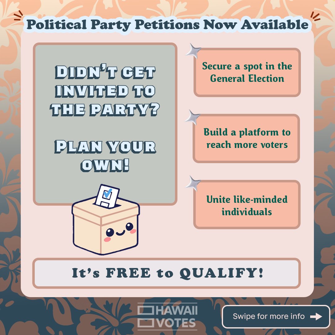 elections808's tweet photo. In the last election, Hawaii voters could choose from 8 political parties. For 2026, add your voice to the list! 
https://t.co/rWG93ITEwf

Your voice. Your party. Your Hawaii. 🌈🌴 https://t.co/yYqRqJPGgS