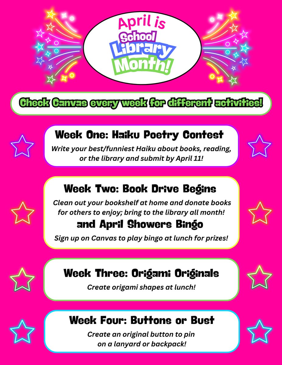 pomslibrary's tweet image. It’s #SchoolLibraryMonth and the ⁦@pinoakms⁩ library is celebrating every week! #chargersread #livinglibrary 🎉🥳🎉🥳🎉