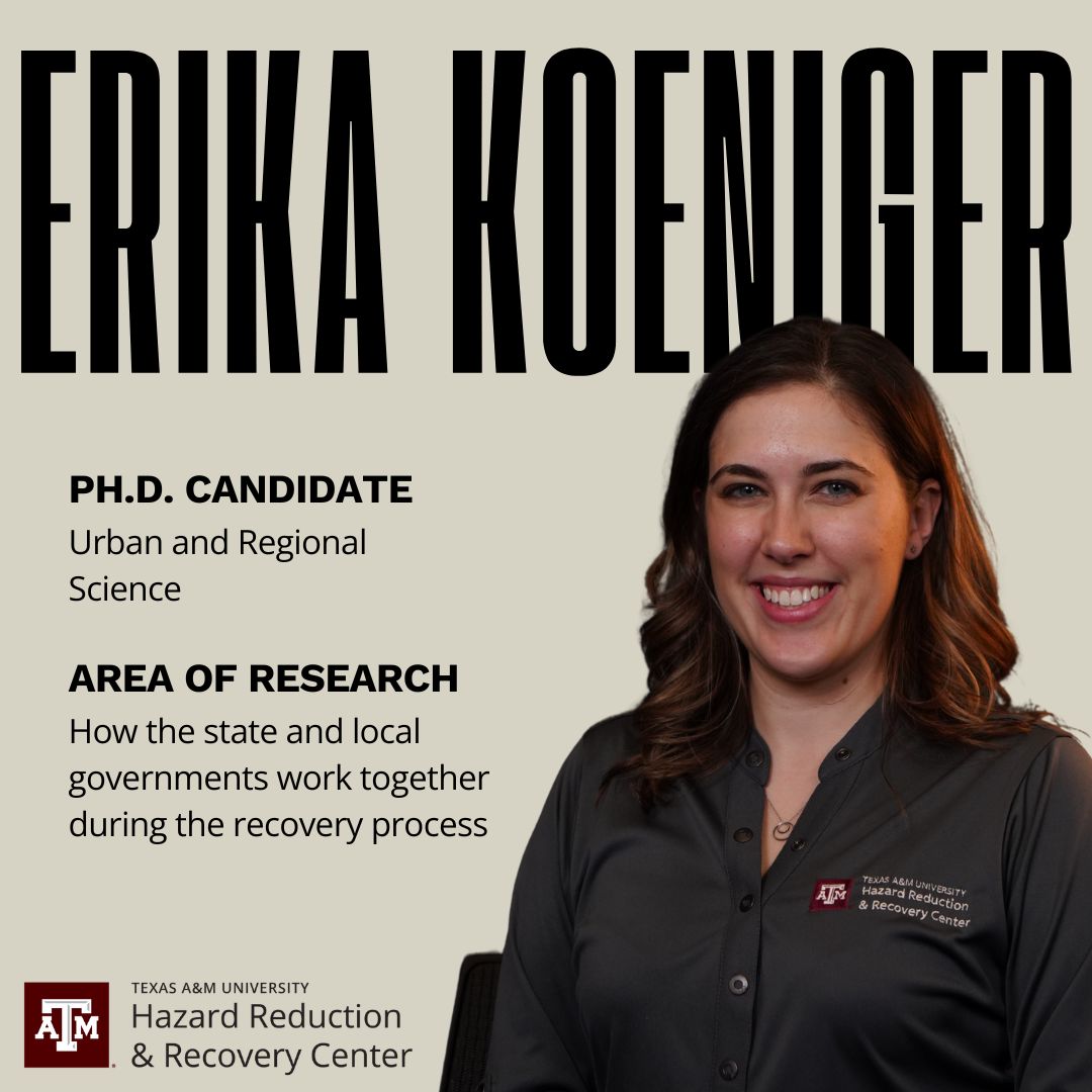 FEATURE FRIDAY: Meet Erika Koeniger, a PH.D. candidate in Urban &amp; Regional Science! From Springfield, VA, she's passionate about local/state recovery efforts. During COVID, HRRC's energy on Zoom stood out!

Fun Fact: Her favorite word is Eichhörnchen!