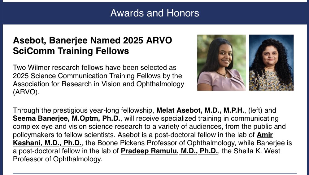 MelatAsebot's tweet photo. Happy to share my selection for 2025 ARVO Science Communication Training Fellow! 
#SCTF2025
#ARVO
#WilmerEyeInstitute https://t.co/mcDNS4igiA