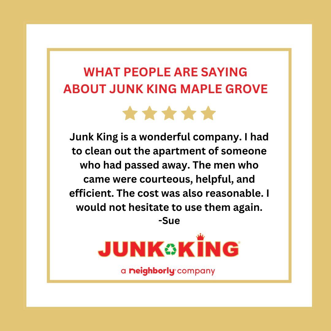 JKMapleGrove's tweet photo. At Junk King Maple Grove, we’re honored to help during life’s toughest moments. Our team handles every job with care, compassion, and professionalism. Thank you, Sue, for trusting us. ❤️ #JunkKingMapleGrove #CustomerReview https://t.co/o7vIBuFPat