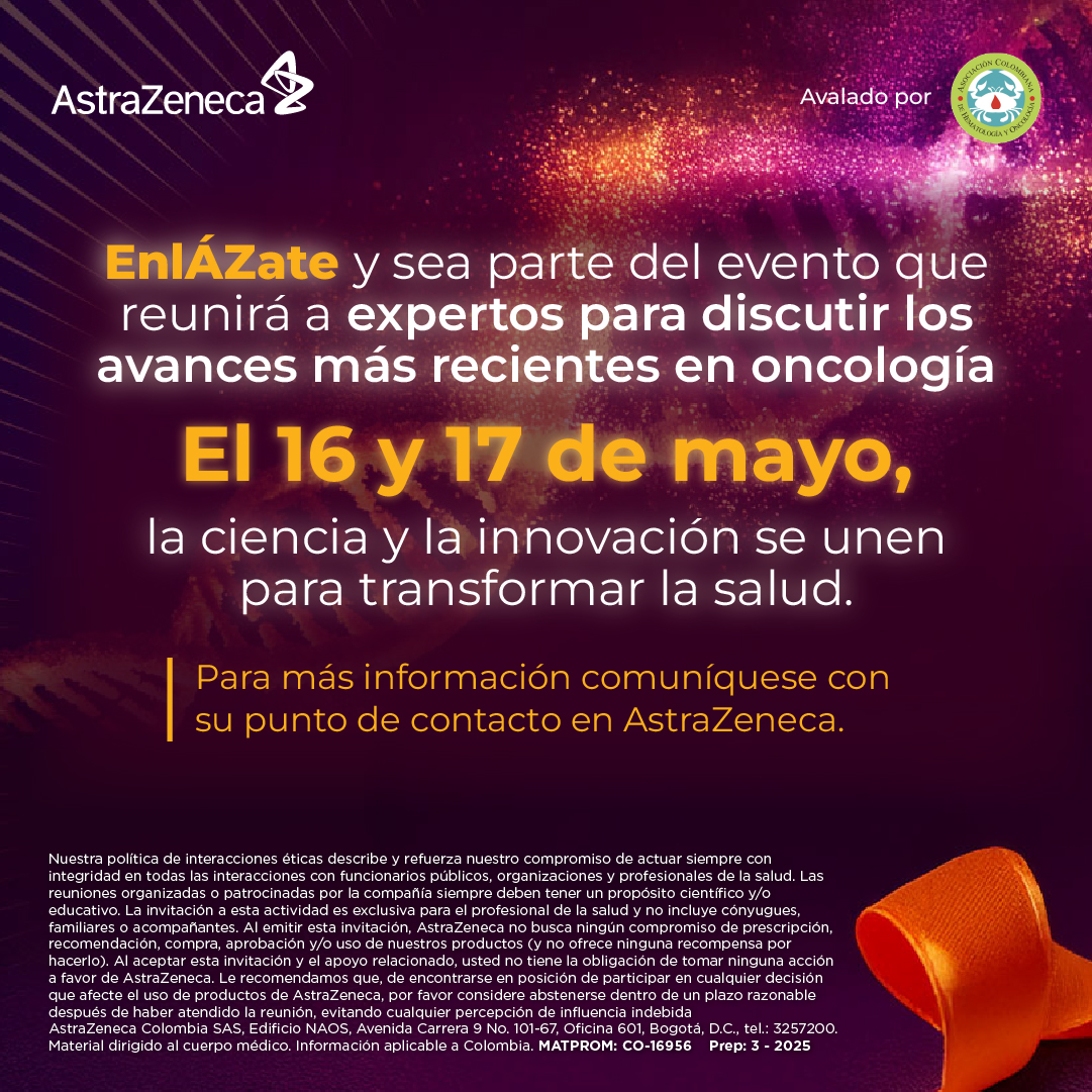 EnlÁZate y sea parte del evento que reunirá a expertos para discutir los avances más recientes en oncología. El 16 y 17 de mayo, la ciencia y la innovación se unen para transformar la salud. Para más información, comuníquese con su punto de contacto en AstraZeneca.