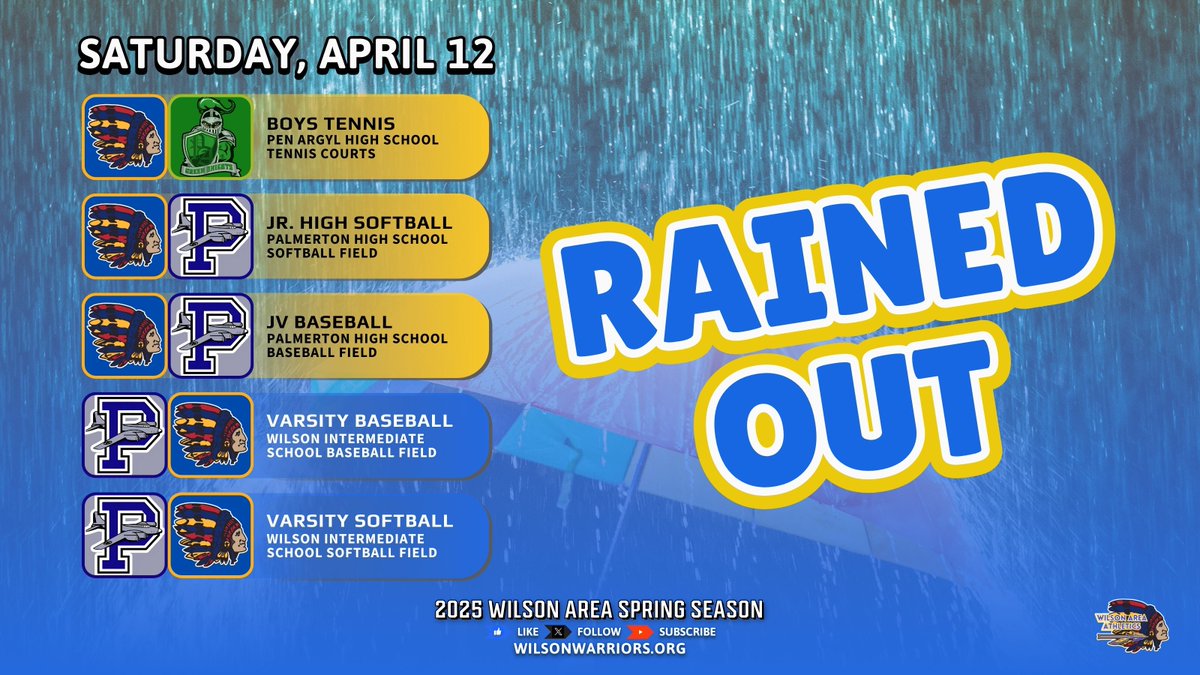 All Saturday (4/12) athletic events are postponed due to weather.
⚾️ Baseball &amp; 🥎 Softball vs. Palmerton → moved to 4/18 @ 11AM
🎾 Boys’ Tennis vs. Pen Argyl → moved to 4/21 @ 12PM
#WarriorAthletics