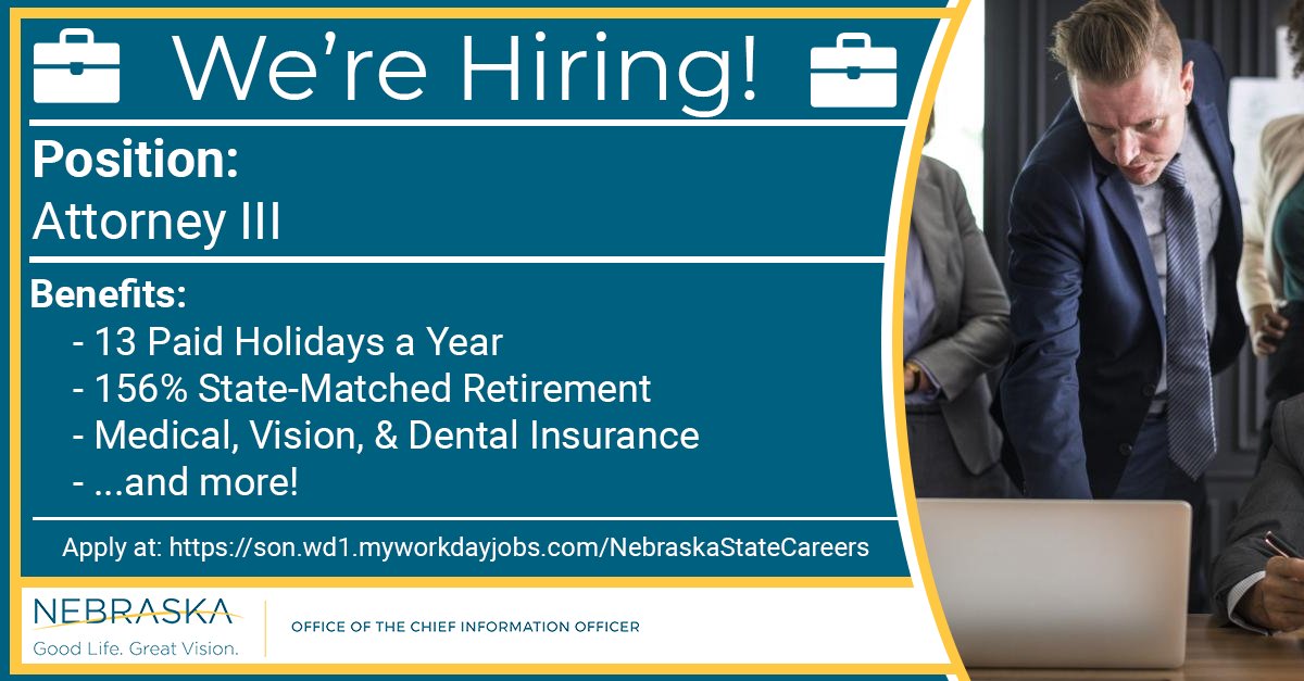 For legal experts looking to make a difference, the Nebraska Office of the CIO is looking for an attorney who will assist agency leadership on legal matters, help implement policy, recommend draft legislation, and more!

Apply today at son.wd1.myworkdayjobs.com/en-US/Nebraska…

#hiring #NowHiring