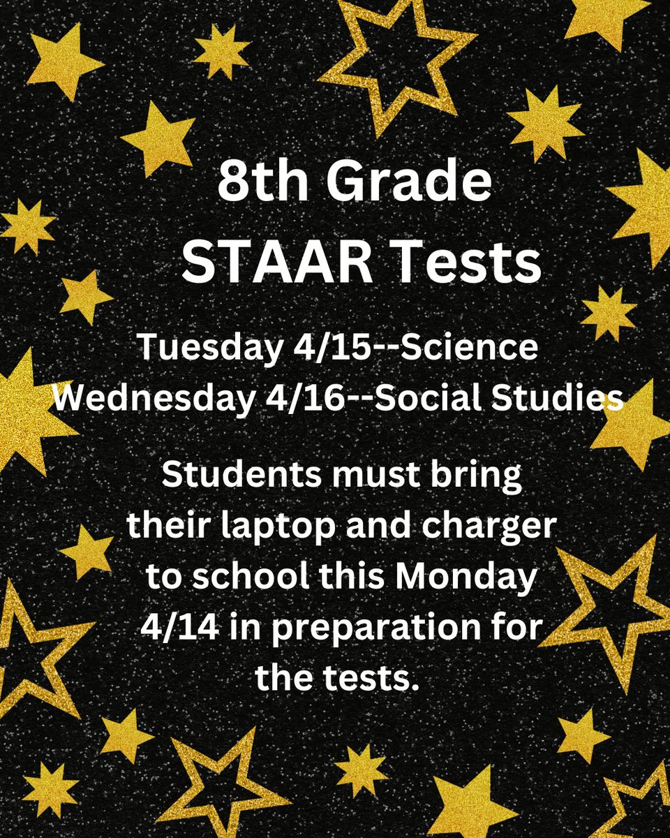 Bleyl Middle School (@bleylcfisd) on Twitter photo Attention 8th Grade Brahmas! You must bring your laptop and charger to school on Monday in preparation for your Science and Social Studies STAAR tests! We know you are going to do a fantastic job! <a href="/MProvoCFISD/">Michelle Provo</a> <a href="/awmoulton/">Angelique Moulton</a> <a href="/CyFairISD/">Cypress-Fairbanks ISD</a> Attention 8th Grade Brahmas! You must bring your laptop and charger to school on Monday in preparation for your Science and Social Studies STAAR tests! We know you are going to do a fantastic job! <a href="/MProvoCFISD/">Michelle Provo</a> <a href="/awmoulton/">Angelique Moulton</a> <a href="/CyFairISD/">Cypress-Fairbanks ISD</a>