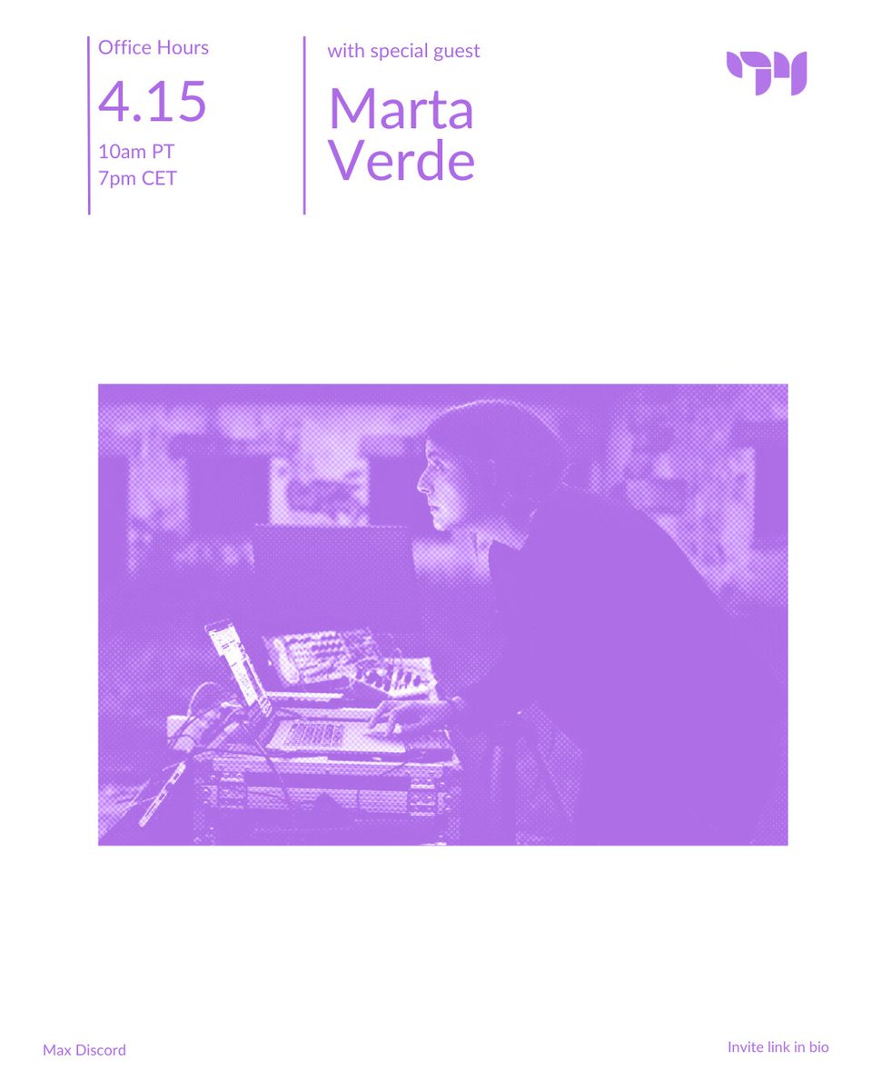 cycling74's tweet image. Join us for Office Hours this Tuesday (4/15) with special guest and Max Certified Trainer, Marta Verde! 💻💬 See you in the Max Discord at 10am PT / 7pm CET → discord.gg/max-2893785082… Happy patching! ⚡️

#maxmsp #maxmspjitter #cycling74 #madewithrnbo #maxforlive