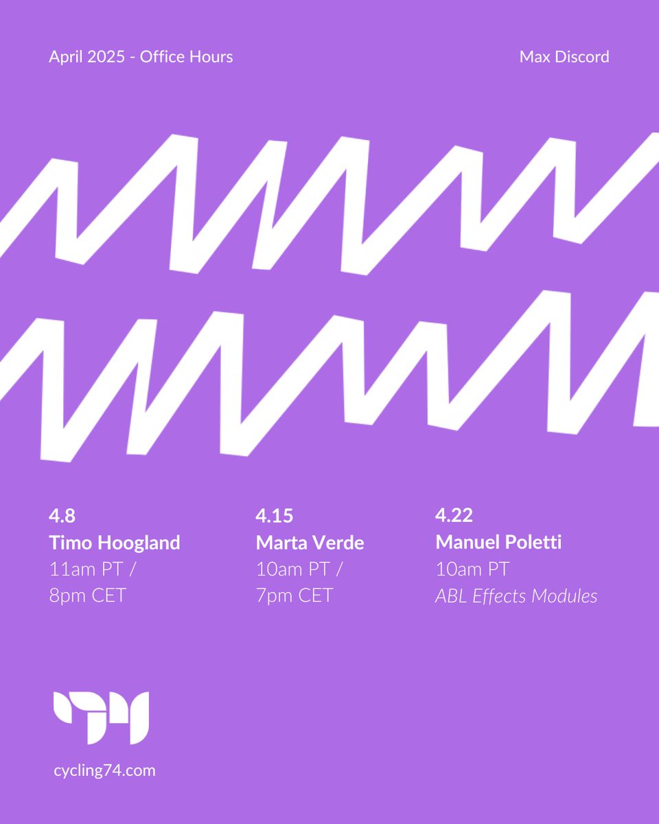 cycling74's tweet image. Join us for Office Hours this Tuesday (4/15) with special guest and Max Certified Trainer, Marta Verde! 💻💬 See you in the Max Discord at 10am PT / 7pm CET → discord.gg/max-2893785082… Happy patching! ⚡️

#maxmsp #maxmspjitter #cycling74 #madewithrnbo #maxforlive