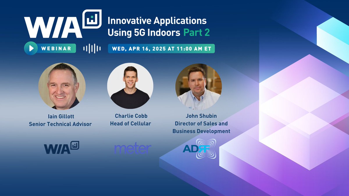 Join us on April 16 at 11am ET for Part 2 of our live webinar series on Innovative Applications for Using 5G Indoors with <a href="/meter/">Meter</a>'s  Charlie Cobb and <a href="/ADRFTECH/">ADRF</a>'s John Shubin. Register today to reserve your spot: wia.org/event/wia-webi…

#InbuildingWireless #DAS #Private5G