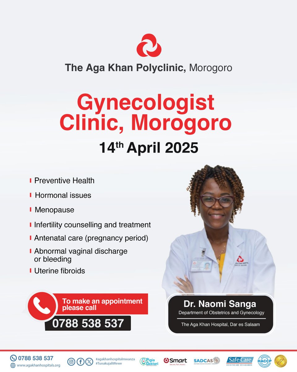 akhstanzania's tweet photo. Dr. Naomi Sanga, Gynecologist from the Aga Khan Hospital, Dar es Salaam is coming again to MOROGORO on MONDAY April 14. She will be available at The Aga Khan Polyclinic, Morogoro. Book your appointment now via 0788 538 537.
#agakhanhospitaldsm #morogoro #gynaecology #obstetrics https://t.co/Fjd3BTLUsX