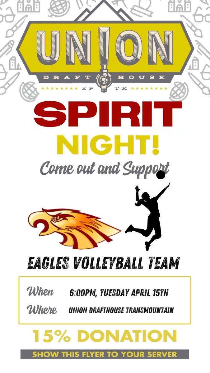 🚨SAVE THE DATE: TUESDAY, APRIL 15TH
🚨UNION: 4840 WOODROW BEAN (BEHIND TROPICAL SMOOTHIE)
🚨COME OUT AND HAVE LUNCH/DINNER TO SUPPORT OUR LADY EAGLES VOLLEYBALL TEAM
PLEASE MENTION AND MUST SHOW FLYER TO HELP WITH OUR SPIRIT NIGHT!!
T.I.A. FOR SHOWING SUPPORT!!