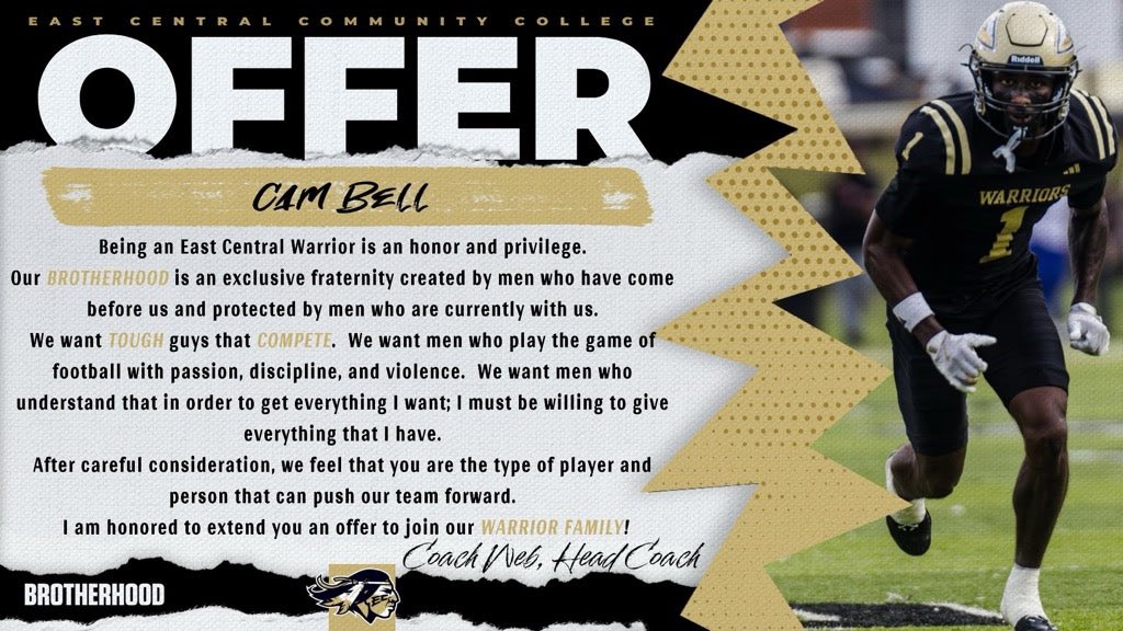 Cam Bell (5'11 168 DB )🏝️ (@cambell9_) on Twitter photo #AGTG✝️ After talking with <a href="/Coach_Webster2/">Jonathan J. Webster</a> i'm blessed to have EARNED an Offer from <a href="/eccc_football/">East Central Warrior Football 🏈</a> #AGTG✝️ After talking with <a href="/Coach_Webster2/">Jonathan J. Webster</a> i'm blessed to have EARNED an Offer from <a href="/eccc_football/">East Central Warrior Football 🏈</a>