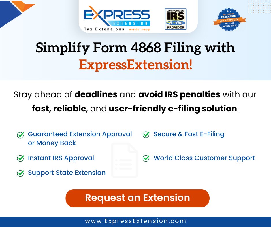 IRSTaxExtension's tweet photo. Easily file Form 4868 with #ExpressExtension and get an automatic 6-month tax extension in minutes! Enjoy features like instant IRS approval, auto-fill &amp; error checks, &amp; secure e-filing. 

Stay compliant and avoid late filing penalties: https://t.co/DSzwLCSOpm 
#PersonalTaxEx ... https://t.co/VnFJkgAmlk