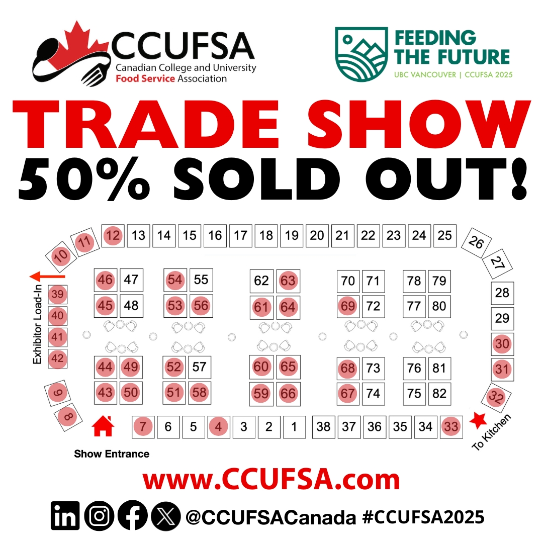 The 2025 <a href="/CCUFSACanada/">Canadian College & University Food Service Assoc.</a> Trade Show is 50% SOLD OUT!  The booth application portal is now open for Associate Members to book their booth(s)! 🎉 See you in Vancouver! ccufsa.com

BOOK YOUR BOOTH NOW: site.pheedloop.com/event/CCUFSA20…

#CCUFSA #CCUFSACanada #CCUFSA2025 #TradeShow