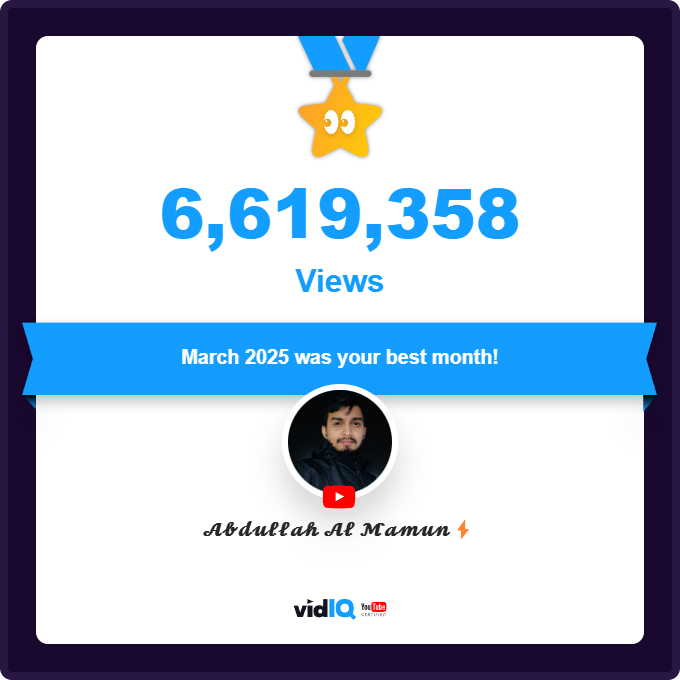 AbdullahSpace's tweet photo. My YouTube channel achieved 6,619,358 views on April 11, 2025! Track and celebrate your own success today for free with @vidIQ #vidiq https://t.co/JRNnfQWaa2 https://t.co/5zAAPn2LjP