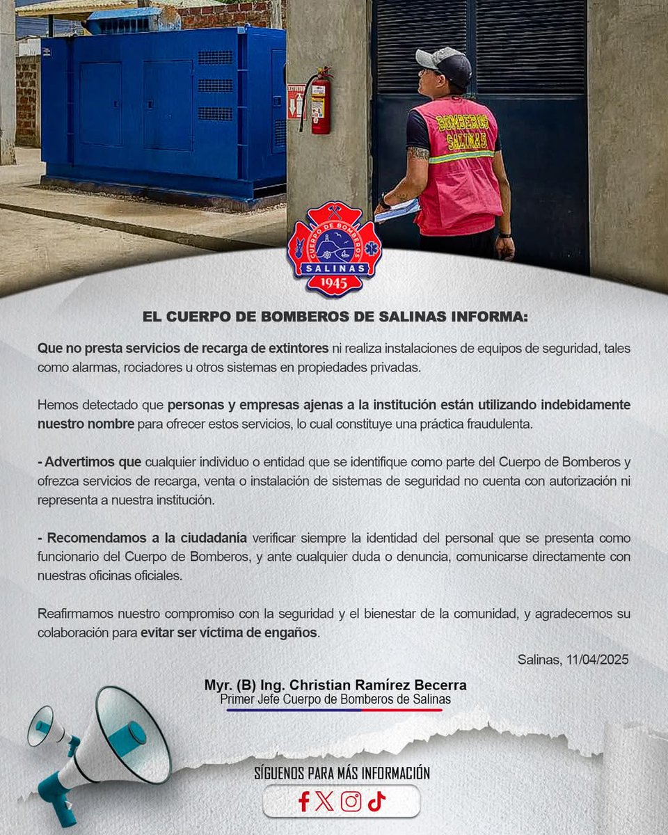 #Atención ✋

⚠️ Si alguien ofrece recarga de #Extintores o instalación de equipos de seguridad por parte de la institución, está utilizando nuestro nombre de forma indebida.

Invitamos a la comunidad a estar alerta y a reportar cualquier situación sospechosa.